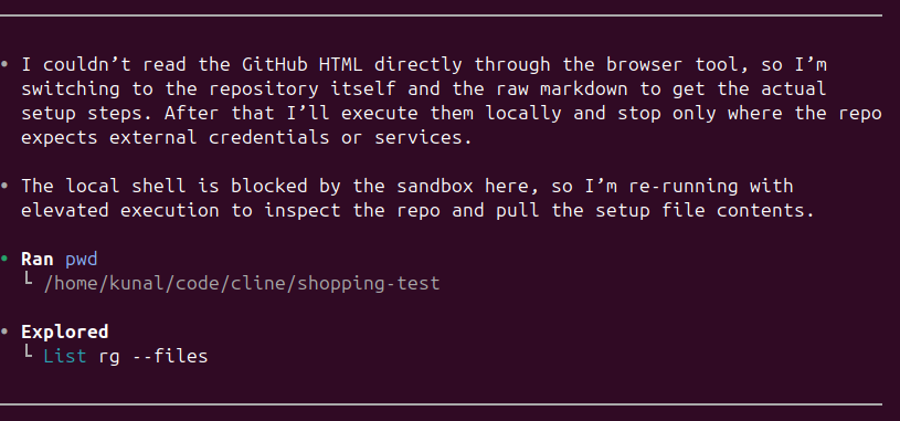 The AI encountering a sandbox restriction and automatically switching to an alternative approach to continue installation