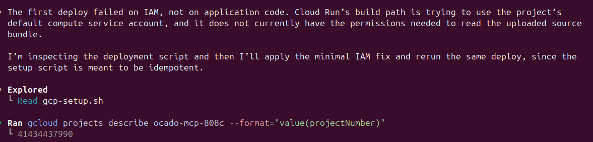 The AI diagnosing an IAM permissions error on Cloud Run and applying the fix before redeploying