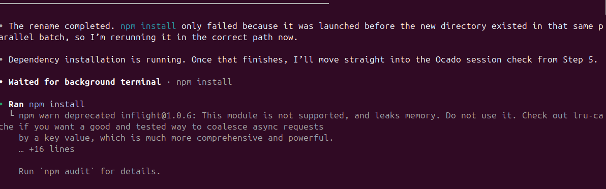 The AI diagnosing a failed npm install caused by a directory rename race condition and rerunning it successfully