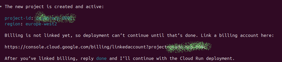 The AI providing a direct link to the Google Cloud billing console and waiting for the user to complete the manual step