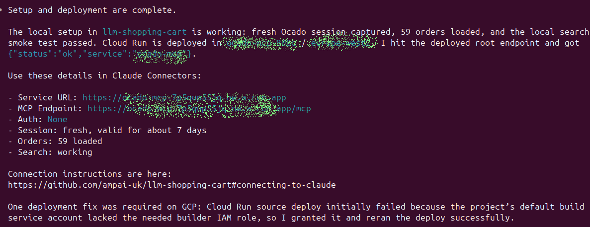 Setup complete with Cloud Run URL, service details, and connection instructions for Claude