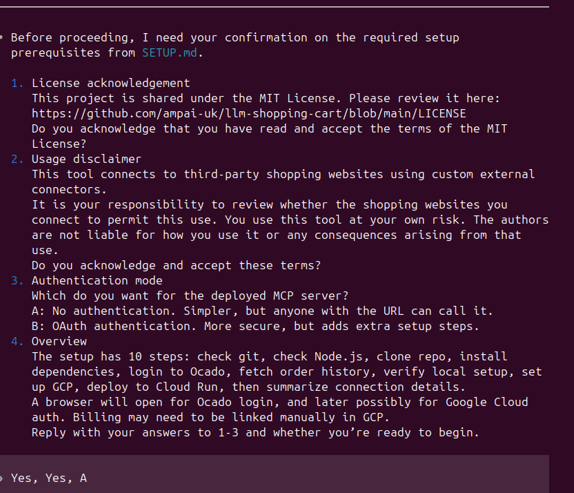 The AI requesting confirmation on license terms, usage disclaimers, and authentication mode before beginning installation
