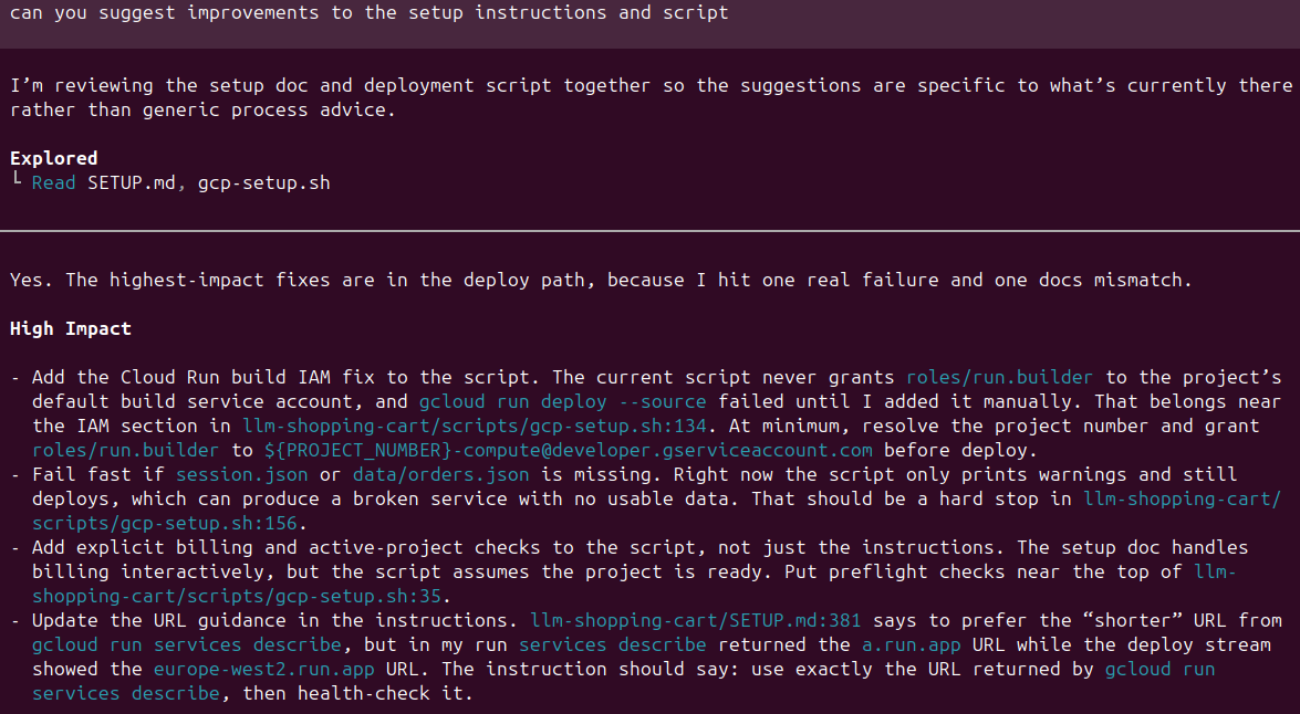 The AI suggesting specific improvements to the setup instructions and deployment script after completing a test run