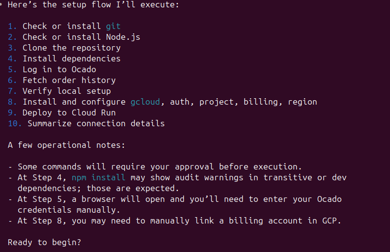 Claude Code presenting an overview of the 10-step setup process, noting which steps need human input